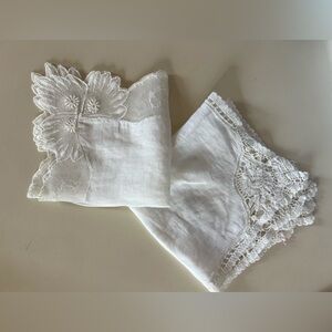 Antique Lace handkerchief set of 2 delicate needle lace and crochet white linen